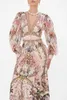 Casual klänningar 2023 Autumn/Winter Vintage Pink Flower Silk Print Gold Button Deep V-Neck Lantern Sleeve Long Dress Woman Maxi kjol