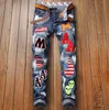 Jx0a More Badge Slim Fit Jeans Straight Leg Washed Fashion Designer Sreetwear Painted Biker Men's Pants Big Size 896