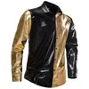 Męskie koszule błyszczące mężczyźni metalowy blok kolorów 70S disco impreza tee TEE TOP LONG SLEEVE BUTH Down for Stage Performance Costume