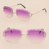 Oissanite A112 bälten Diamond Cut Lens Solglasögon Kvinnor eller man unisex Rimless Designer C36M869 Utomhus Kör Glasögon Katt Eye Round Eyewear Outdos Wear