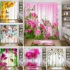 Cortinas de chuveiro Conjunto de cortina de chuveiro com tapete rosa rosa folhas verdes plantas flores amarelas borboletas cortina suspensa tapete decoração de banheiro R231114