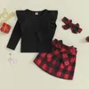 Ensembles de vêtements Enfant en bas âge bébé fille automne hiver jupe ensemble col roulé côtelé tricot à manches longues hauts solides pull Plaid flanelle jupe ensemble 231114