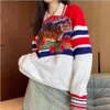Designer feminino pulôver malha polos redondo suéter luxo mujer casual solto listra combinando cor clara letras jacquard undershirt
