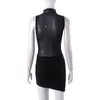 Casual Dresses Black See-through Irregular Chic Girls Nightclub Party Mini Dress Crew Collar Sleeveless Bodycon Mesh Patchwork Sexy