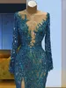 Sparkly Mermaid Evening Jurk Lace Pargin Lange Mouw Prom -jurken Pure halslijn Beading Formele jurken Vestidos de novia