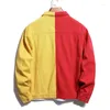 Men's Jackets Men's Red Yellow Spliced Denim Jacket Streetwear Loose Casual Jean Coat Two-color Patchwork Top Outerwear Oversized