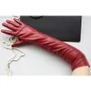 Five Fingers Gloves Women Real Leather Long Gloves Full Fingers Winter Warm Gloves Outdoors Long Sheepskin Rose Red Mittens Wine Red Party 231113