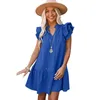 Fashion Summer Solid Color Pocket Sexy Women Ruffled Sleeves Dress Linen Clothing