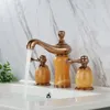 Bathroom Sink Faucets Luxury Rose Gold Brass Natural Jade Faucet Art Basin Mixer Taps Three Holes High Quality Lavatory Faucet--SM5380