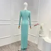 Robes décontractées 2023 Bleu clair Printemps Été Haute Qualité Manches complètes Diamants Taille Taille Femme Robe longue élégante pour la fête