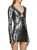 Casual Dresses Sexy V Neck Laceup paljetter Mini Women Silver Grey Sequined Sheer Boaycon Spring Elegant Party Evening Club 230414