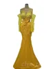 Aso Ebi Yellow Mermaid Evening Dresses sheer neck Long Sleeve Lace Beaded Crystal Prom Occasion Gown Robe De Soiree