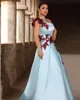 2023 NOV ASO EBI Arabic Light Sky Blue A-Line Mother of the Bride Sukienki koronkowe satynowe wieczór na bal