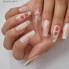 Faux ongles long dégradé tulipe rétro fleur Nail Art fini faux ongles presse sur les ongles avec de la colle chinois Ins Style charme femme élégante Q231114