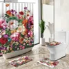 Douchegordijnen Kleine Bloem Douchegordijn Roos Plant Blad Aquarel Kunst Europese Stijl Decor Badmat Toilet Cover Badkamer Tapijt Set R231114