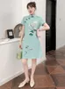 Vêtements ethniques FZSLCYIYI Lac Bleu Lâche Mode Moderne Cheongsam Robe Femmes À Manches Courtes Qipao Vêtements De Style Traditionnel Chinois