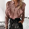 Dames Blouses Casual Leopard Dot Print Ruffle Blouse Shirt Herfst Winter Lange mouw Dames Shirts Elegant Office Lady V-hals Button Tops