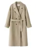 Women's Wool Blends FSLE 100% Wool Black Temperament Long Double Breasted Woolen Jackets 60.6% Wool 10.5% Silk Belt Design Female Beige Apricot Coat 231114