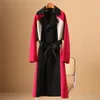 Повседневные платья, европейский дизайн, шерстяное пальто контрастного цвета для женщин, осень и зима 2023, модная двусторонняя ткань
