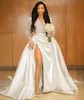 African Illusion Pearls Crystal Bridal Gowns Satin Church Long Sleeve Country Wedding Dresses Side Split Arabic Garden Reception Gowns