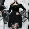 Casual Dresses Goth Dark Vampire Mall Gothic Velvet Aline Grunge Punk Lace Patchwork Mini Dress Women Flare Sleeve Halter Outfit