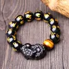 Strand Fine Natural obsydian Stone Bransoleta Om Mani Padme Hum Kulki Odważne żołnierze (PI XIU) Tiger Eye Lucky Jewelry Akcesoria