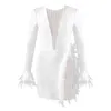 Casual Dresses Womens Sexy Shiny Bodycon Mesh Feather Patchwork Dress Deep V Neck Long Sleeve Solid Mini för Club Party