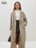 Women's Wool Blends FSLE 100% Wool Black Temperament Long Double Breasted Woolen Jackets 60.6% Wool 10.5% Silk Belt Design Female Beige Apricot Coat 231114