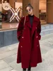 Kvinnors dikerockar Fashion Elegant Black Woolen Coat 2023 Höst och vinter Löst dubbelbröst temperament Hepburn Lång röd överrock