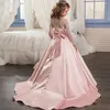 Платья для девочек, роскошное атласное платье с цветочным принтом на свадьбу, с длинным рукавом и бантом, пышное платье принцессы, платье для дня рождения, для причастия со шлейфом