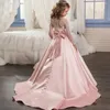 Robes de fille de luxe en Satin fleur pour mariage à manches longues nœud robe de princesse bouffante fête d'anniversaire robe de sainte Communion avec train