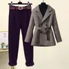 Tweedelige damesbroek in Koreaanse stijl, riemdecoratie, vintage jasje, blazer, gevlokt, casual broek, tweedelig elegant damespak, kantoorbroek 231114