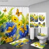 Rideaux de douche Papillon fleurs rideau de douche ensemble jaune bleu plantes paysage naturel salle de bain décor tapis tapis de sol couverture de toilette R231114