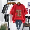 T-shirt Heavy Industry Cartoon High Temperature Hot Diamond Thickened Pure Cotton Large Round Neck Pullover Short Sleeve Loose Women's Top