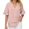 Women's T Shirts Women Summer Ruffle Half Sleeve Plain T-Shirt Casual Loose Fit Notched V-Neck Solid Color Curved Hem Blouses Tunic Tops