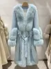 Femmes fourrure fausse femmes hiver naturel réel col chaud laine duvet d'oie veste femme automne bleu Long manteau 231114