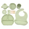 Tassen Geschirr Utensilien 6/7PCS Baby-Silikon-Fütterungsgeschirr-Sets Rutschfeste Saugnapf-Schale Speiseteller mit Deckel Lätzchen Löffel Gabel Schnabeltasse Geschirr AA230413