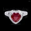 Bagues de cluster Loverjewelry Véritable romantique 8x8mm en forme de coeur Ruby Bague avec 14K Solide Or Blanc Incrustation Diamant Pour Femmes Bijoux