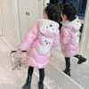 Para baixo casaco 2 4 6 8 anos meninas longo inverno jaqueta bonito urso casacos para parkas moda brilhante com capuz crianças outerwear impermeável 231113