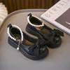 Sneakers Children Leather Shoes With Pearl Chain Bow Versatile Girls Greenow Loafers Casual Simple Nonslip Princess Party Shoes 230413