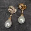 Dangle Earrings KKGEM 13x18mm Sea Shell Pearl Gold Plated Cz Pave Stud Drop Gifts