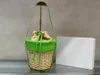 Kvällspåsar 23 Original Design Holiday Style Cowhide Wrapped Grass Woven Mini Bucket Bag Drawstring Small