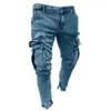 Herenbroek heren skinny jeans trend knie gat rits pocket denim biker jeans hiphop bedroefde slanke elastische jeans gewassen mannen kleding 230414