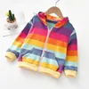 Hoodies tröjor Autumn Baby Girls Hoodie Jacket Barntröja Skjorta Rainbow Stripe Lång ärm Tshirt Barn toppar blixtlås tröja barnrock 230413