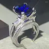 Klusterringar choucong märke unika lyxsmycken 925 Sterling Silver Blue Sapphire Big Cz Diamond Party Eiffel Tower Women Wedding Ring