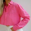 Kvinnors blusar Turn-Down Collar Casual Crop Top Gröna fickor Långt SEEVELIGA SOLID BLOUE SHIRT Fashion Button Elegant Women