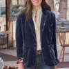 Ternos femininos blazers chique à prova de vento escritório blazer grandes bolsos outono inverno dourado veludo lapela escritório terno jaqueta temperamento intelectual 231114