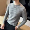 Men's Sweaters Autumn Winter Stretch Jacquard Woven O-Neck Sweater Men's Waffle Slim Fit Long Sleeve Knitted Pullovers Casual Streetwear Homme 231114