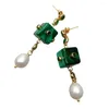 Dangle Earrings KKGEM 12mm Natural Green Malachite Cube White Rice Freshwater Pearl