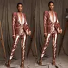 Rose Gold Pailletten Frauen Anzüge 2 Stück Funkelnde Blazer Hosen Designer Roter Teppich Formale Party Abendkleid Nach Maß Cstume Femme